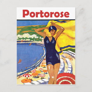 Cartão Postal Portorose, garota na praia, viagens vintage