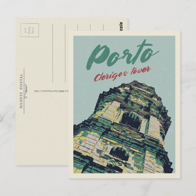 Cartão Postal Portugal, ilustração da Torre Porto Clerigos (Frente/Verso)