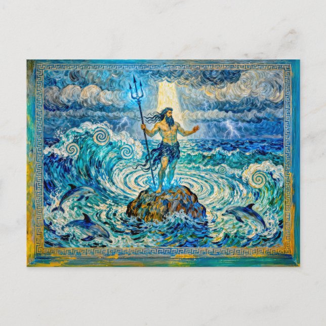 Cartão Postal Poseidon em Rochas do Mar com Tridente e Golfinhos (Frente)