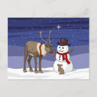 Postal de Natal Feliz Homem de Neve & Rena Cute