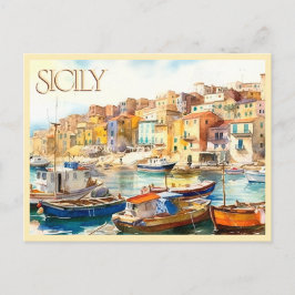 Cartão Postal POSTCARD Colorful Watercolor Sicily Harbor Travel