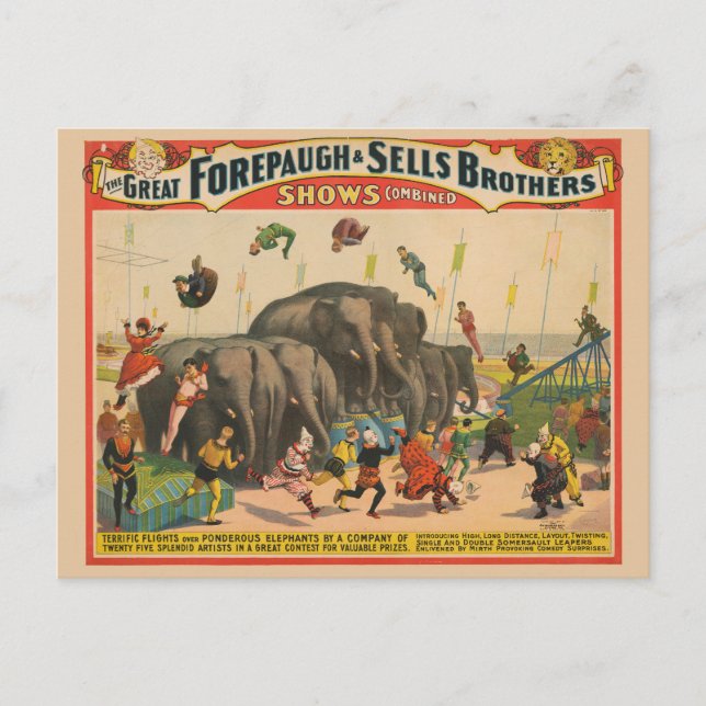 Cartão Postal Poster de Circo de Acrobatas Pulando Sobre Elefant (Frente)