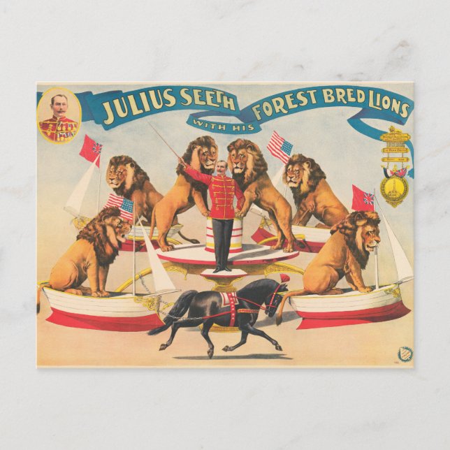 Cartão Postal Poster De Circo De Julius Seeth Com Seus Leões (Frente)