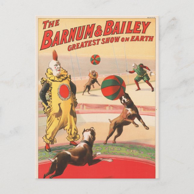 Cartão Postal Poster de Circo Mostrando Palhaços Com Cães Execut (Frente)