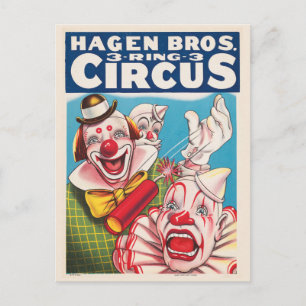 Cartão Postal Poster de Circo Mostrando Rostos De Palhaço E Cach
