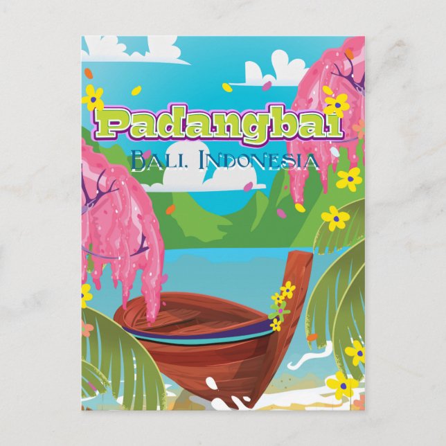 Cartão Postal Poster de viagens de desenhos de Padangbai. (Frente)