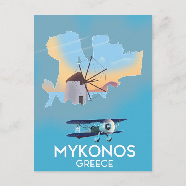 Cartão Postal Poster de viagens do Mapa de Grécias do Mykonos (Frente)