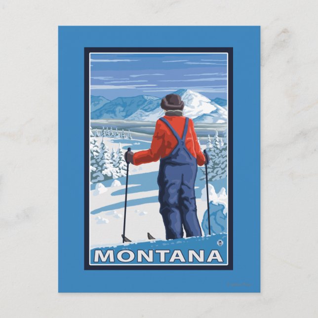 Cartão Postal Poster de viagens Skier AdminningMontanaVintage (Frente)