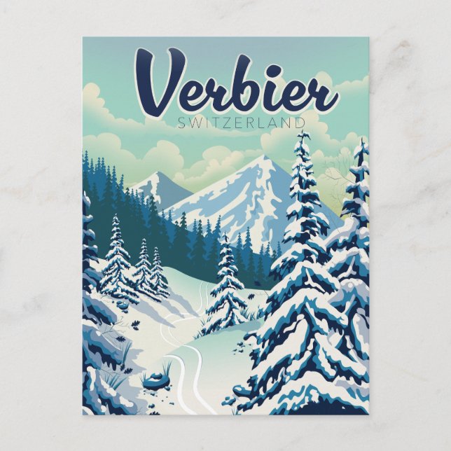 Cartão Postal Poster de viagens Verbier Suiça (Frente)