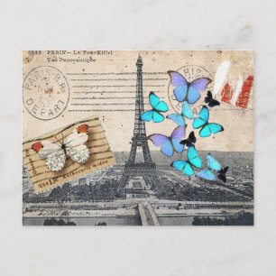 Cartão Postal postmark scripts borterfly Paris Effiel Tower