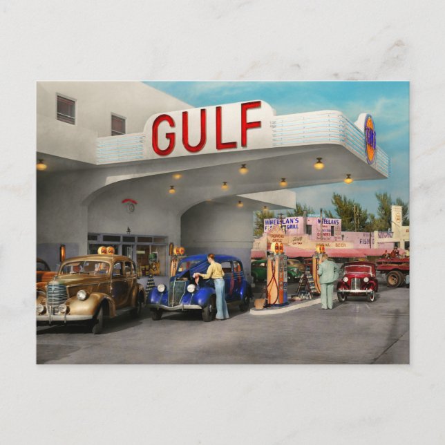 Cartão Postal Posto de Gasolina - A grande viagem americana 1939 (Frente)