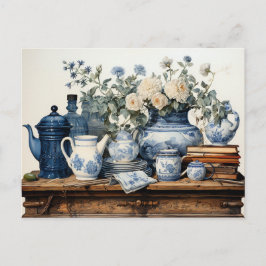 Cartão Postal Pote De Café Branco Azul Creamer Vidro De Açúcar