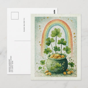 Cartão Postal Pote Vintage de Ouro e Arco-íris