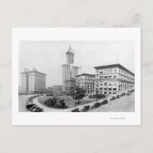 Cartão Postal Praça do Tribunal e Torre Smith em Seattle (Frente)