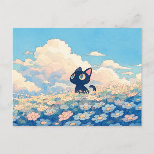 Cartão Postal Prado Azul da Margarida Kawaii Gato Preto