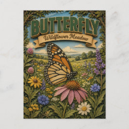 Cartão Postal Prado de Flores Silvestres com Borboleta POPCUT