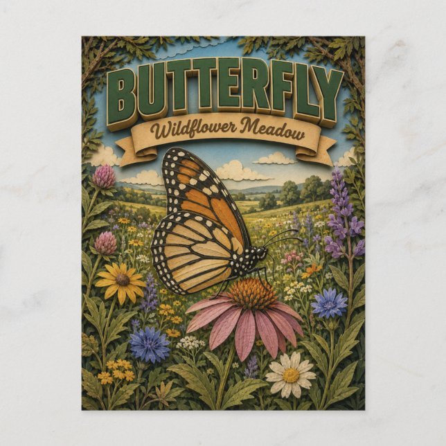 Cartão Postal Prado de Flores Silvestres com Borboleta POPCUT (Frente)