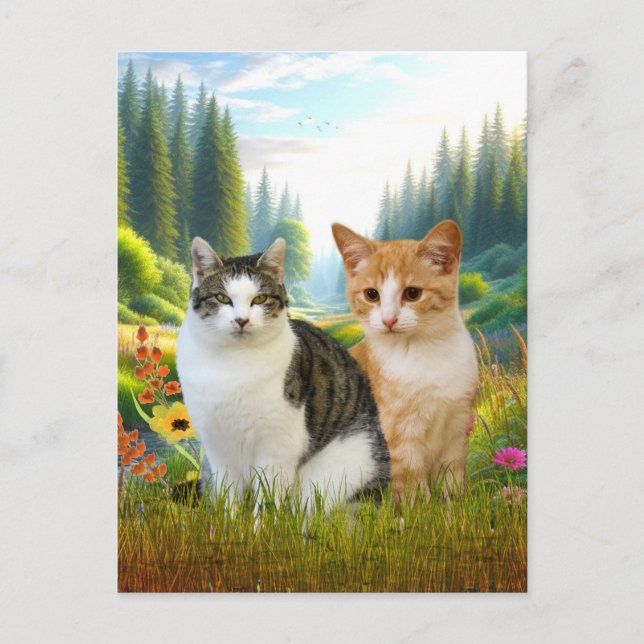 Cartão Postal Prado de Flores Silvestres com Gatos (Frente)