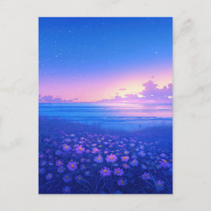 Cartão Postal Prado de Flores Silvestres Roxas e Mar Estrelado