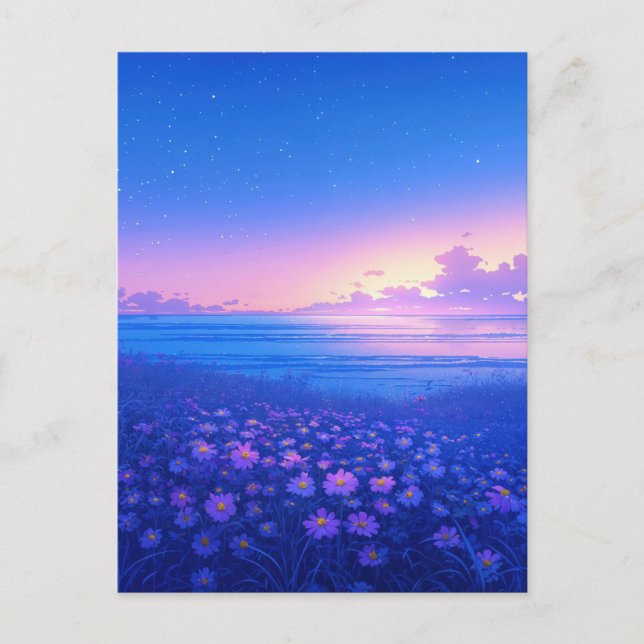 Cartão Postal Prado de Flores Silvestres Roxas e Mar Estrelado (Frente)
