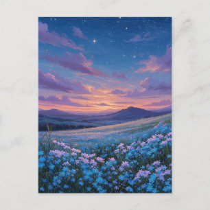Cartão Postal Prado Florido Azul Luminoso ao Pôr do Sol