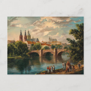 Cartão Postal Praga, República Checa, Vintage Watercolor Paintin