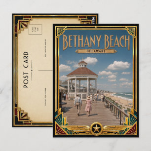 Cartão Postal Praia Bethany Delaware Arte Deco Vintage Era de Ou
