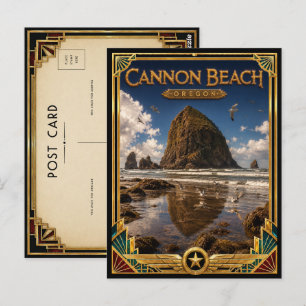 Cartão Postal Praia Cannon Oregon Arte Deco Vintage Era de Ouro