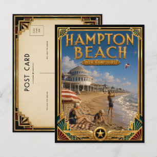 Cartão Postal Praia de Hampton New Hampshire Arte Deco Vintage