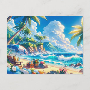 Cartão Postal Praia de Ilhas Tropicais Vibrantes em Aquarela