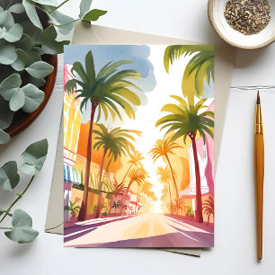 Cartão Postal Praia de Miami   Pintura em Aquarela Colorida e Vi