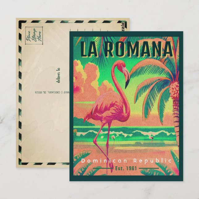 Cartão Postal Praia La Romana DR. Retro Flamingos Souvenir 1960 (Frente/Verso)