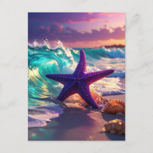 Cartão Postal Praia oceânica com estrelas-do-mar violetas