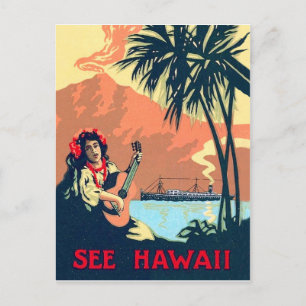 Cartão Postal Praia trópica do Havaí, mulher tocando violão na c