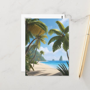 Cartão Postal Praia tropical com palmeiras