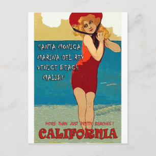 Cartão Postal Praias da Califórnia, mulher de biquíni vermelho