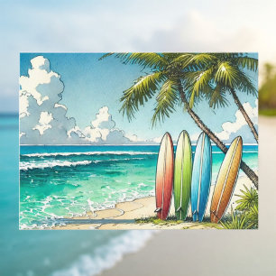 Cartão Postal Pranchas de Surf na Praia Aquarela e Tinta