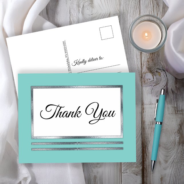 Cartão Postal Prata | Aqua Modern Simples Elegante Obrigado (Aqua Modern Simple Elegant Thank You Postcard)