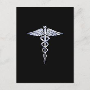 Cartão Postal Prata Como Símbolo Médico Caduceu em Decoração Pre