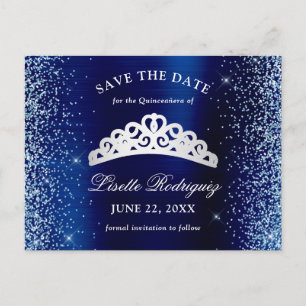 Cartão Postal Prata e Azul Marinho Quinceanera Save The Date