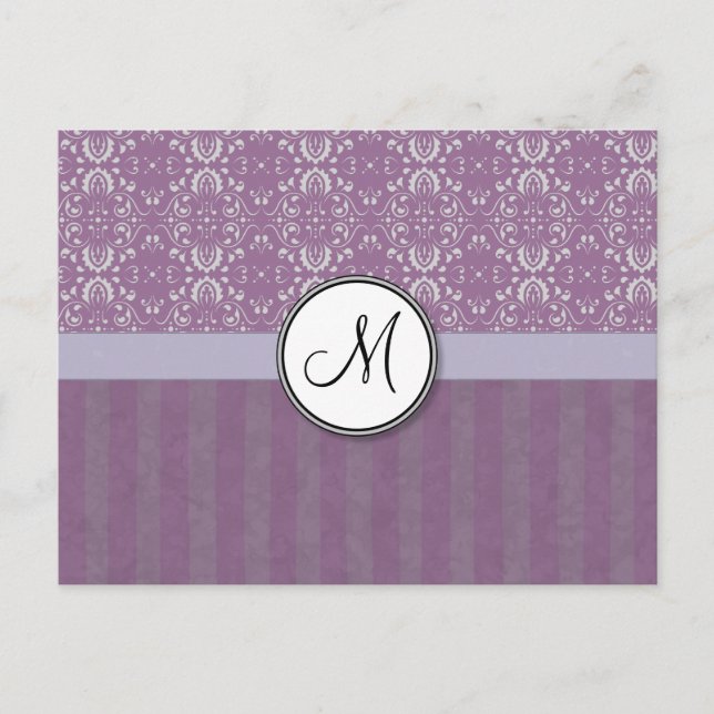 Cartão Postal Prata em Damasco de Lavanda com Stripes e Monogram (Frente)