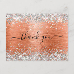 Cartão Postal Prata Glitter Laranja Coral Folha de Agradecimento