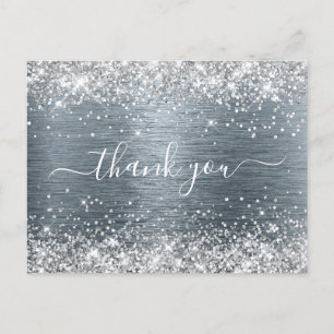 Cartão Postal Prata Glitter Slate Folha de Aniversário Obrigado