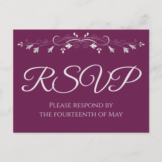 Cartão Postal Prata no Cassis Purple Elegant Wedding RSVP (Frente)