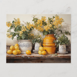 Cartão Postal Prateleira de Cozinha Amarela Flores Jarro Amarelo