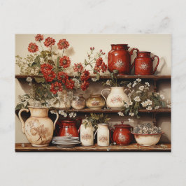 Cartão Postal Prateleira de Cozinha em Madeira Antiga com Flores