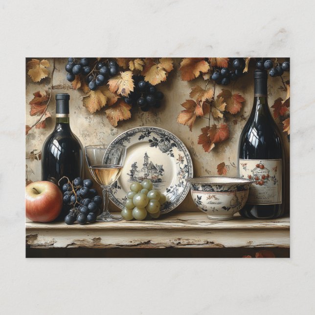 Cartão Postal Prateleira de Cozinha Garrafas de Vinho Uvas Louça (Frente)