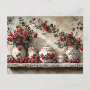 Cartão Postal Prateleira de madeira vintage rosas vermelhas mora