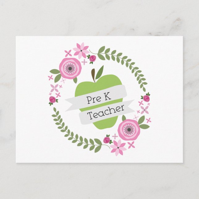 Cartão Postal Pré-K Professor Floral Wreath Green Apple (Frente)