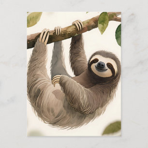 Cartão Postal Preguiça Suspensa Fofa Aquarela Sorriso Relaxado